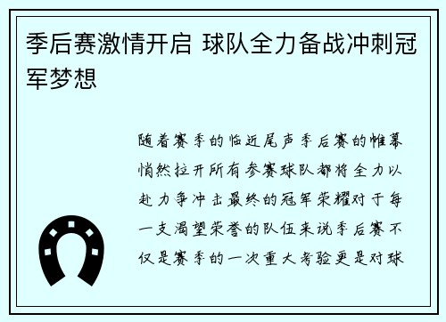 季后赛激情开启 球队全力备战冲刺冠军梦想